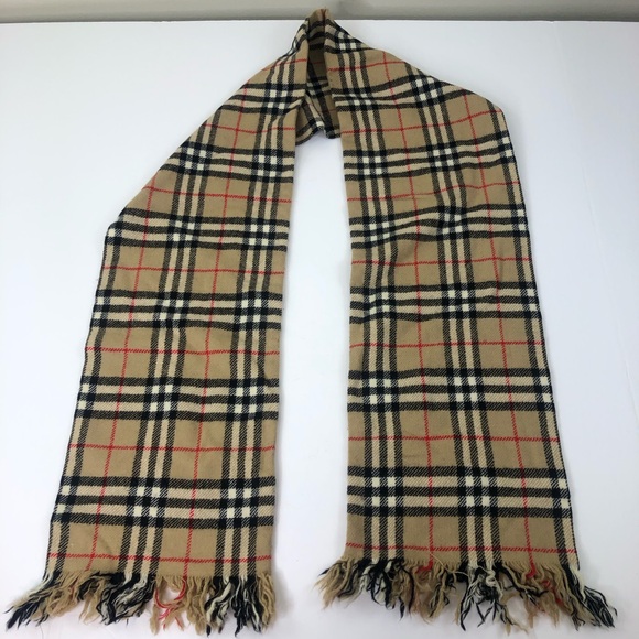 Vintage Burberry’s London Nova Check Plaid Tan Wool Fringe Scarf - Picture 4 of 16